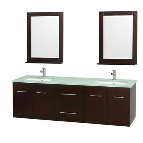 Centra 72 In. Double Vanity in Espresso with Green Glass Top with Square Sink and 24 In. Mirror