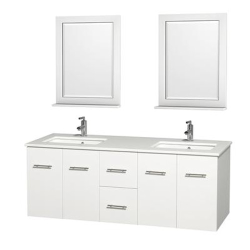 Centra 60 In. Double Vanity in White with Solid SurfaceTop with Square Sink and 24 In. Mirror