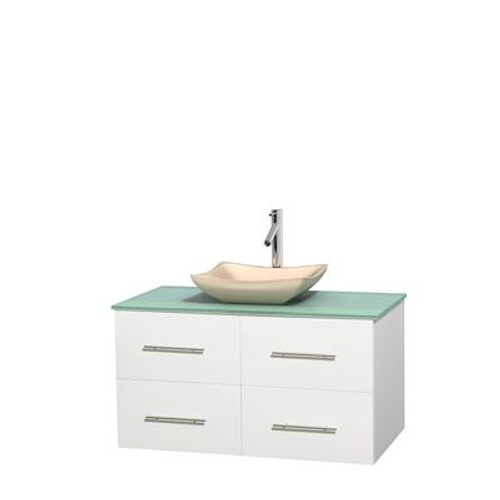 Centra 42 In. Single Vanity in White with Green Glass Top with Ivory Sink and No Mirror
