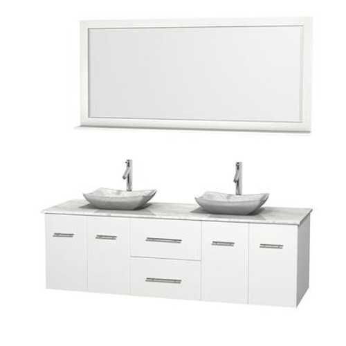 Centra 72 In. Double Vanity in White with White Carrera Top with White Carrera Sinks and 70 In. Mirror