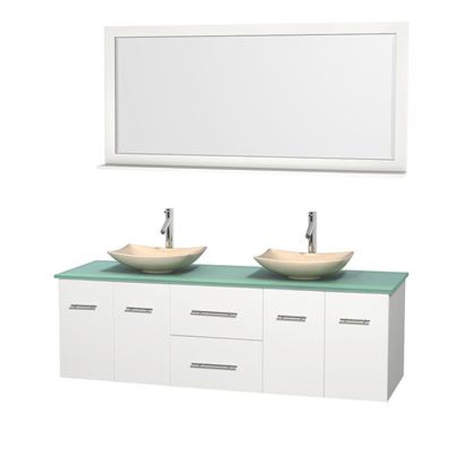 Centra 72 In. Double Vanity in White with Green Glass Top with Ivory Sinks and 70 In. Mirror