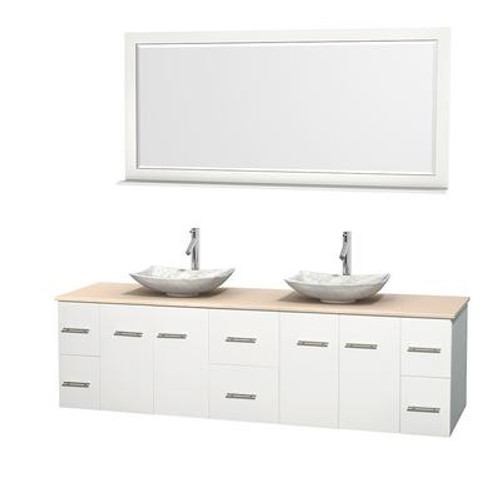 Centra 80 In. Double Vanity in White with Ivory Marble Top with White Carrera Sinks and 70 In. Mirror