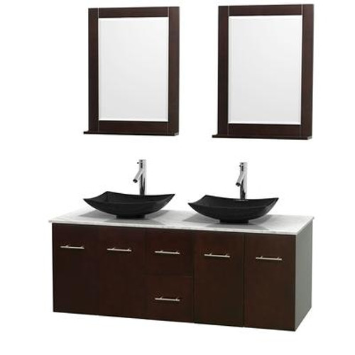 Centra 60 In. Double Vanity in Espresso with White Carrera Top with Black Granite Sinks and 24 In. Mirrors
