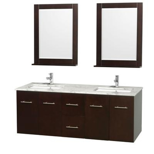 Centra 60 In. Double Vanity in Espresso with White Carrera Top with Square Sink and 24 In. Mirror