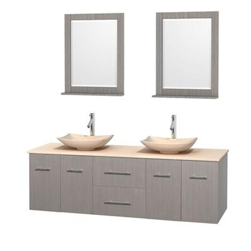 Centra 72 In. Double Vanity in Gray Oak with Ivory Marble Top with Ivory Sinks and 24 In. Mirrors