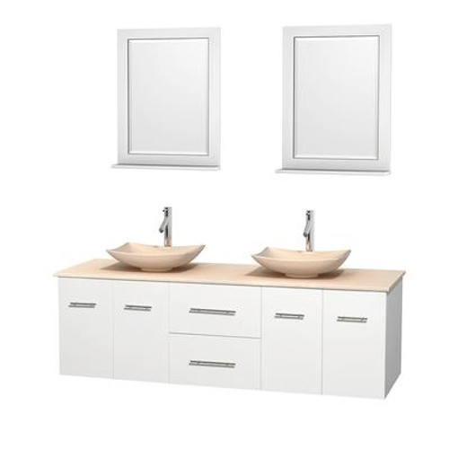 Centra 72 In. Double Vanity in White with Ivory Marble Top with Ivory Sinks and 24 In. Mirrors