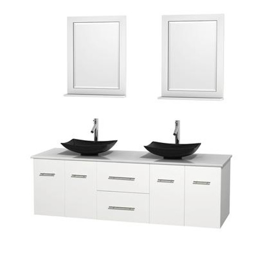 Centra 72 In. Double Vanity in White with Solid SurfaceTop with Black Granite Sinks and 24 In. Mirrors