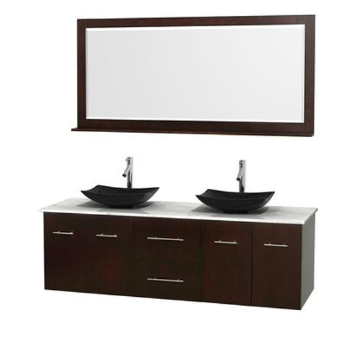 Centra 72 In. Double Vanity in Espresso with White Carrera Top with Black Granite Sinks and 70 In. Mirror