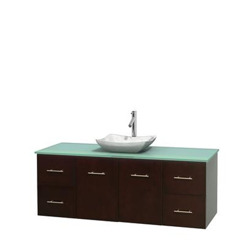 Centra 60 In. Single Vanity in Espresso with Green Glass Top with White Carrera Sink and No Mirror