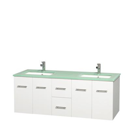 Centra 60 In. Double Vanity in White with Green Glass Top with Square Sinks and No Mirror