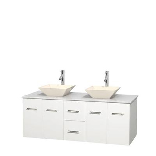 Centra 60 In. Double Vanity in White with Solid SurfaceTop with Bone Porcelain Sinks and No Mirror