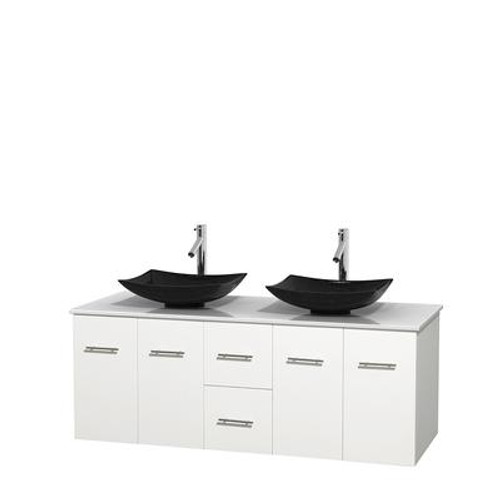 Centra 60 In. Double Vanity in White with Solid SurfaceTop with Black Granite Sinks and No Mirror