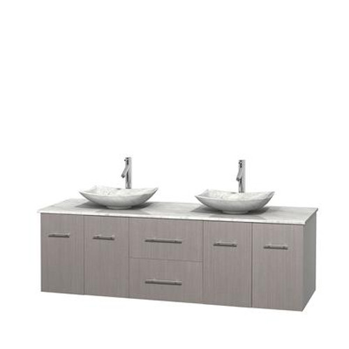 Centra 72 In. Double Vanity in Gray Oak with White Carrera Top with White Carrera Sinks and No Mirror