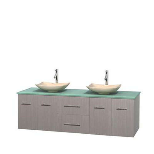 Centra 72 In. Double Vanity in Gray Oak with Green Glass Top with Ivory Sinks and No Mirror