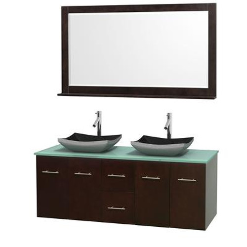 Centra 60 In. Double Vanity in Espresso with Green Glass Top with Black Granite Sinks and 58 In. Mirror