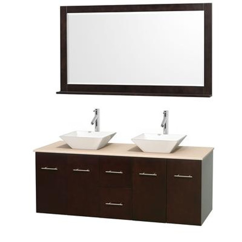 Centra 60 In. Double Vanity in Espresso with Ivory Marble Top with White Porcelain Sinks and 58 In. Mirror