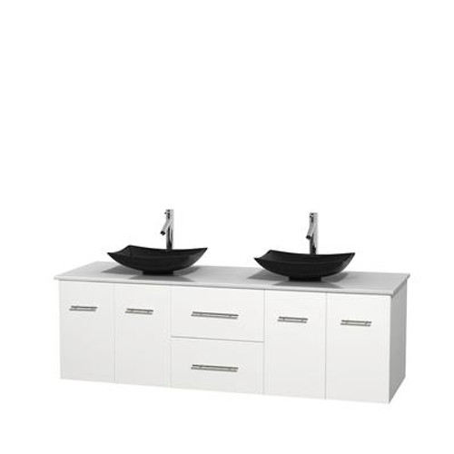 Centra 72 In. Double Vanity in White with Solid SurfaceTop with Black Granite Sinks and No Mirror