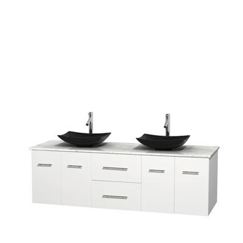 Centra 72 In. Double Vanity in White with White Carrera Top with Black Granite Sinks and No Mirror