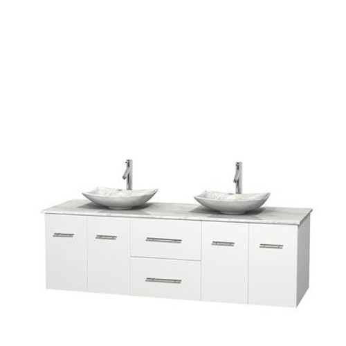 Centra 72 In. Double Vanity in White with White Carrera Top with White Carrera Sinks and No Mirror