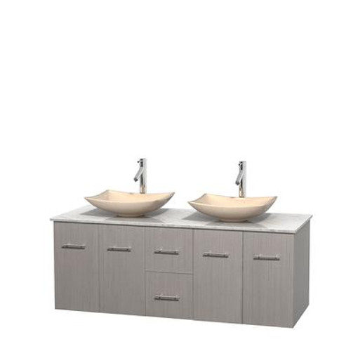 Centra 60 In. Double Vanity in Gray Oak with White Carrera Top with Ivory Sinks and No Mirror