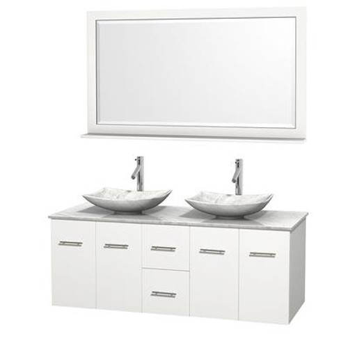 Centra 60 In. Double Vanity in White with White Carrera Top with White Carrera Sinks and 58 In. Mirror