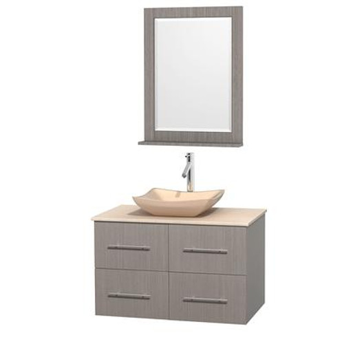 Centra 36 In. Single Vanity in Gray Oak with Ivory Marble Top with Ivory Sink and 24 In. Mirror