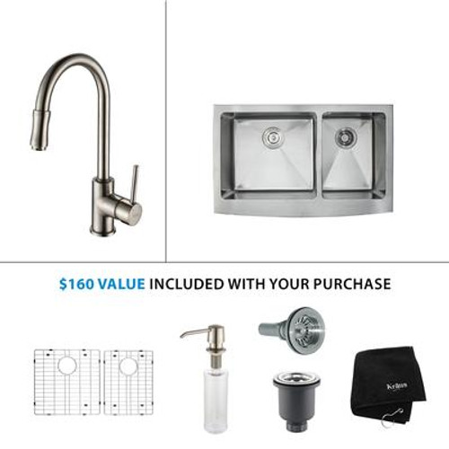 36 Inch Farmhouse Double Bowl Stainless Steel Kitchen Sink with Satin Nickel Kitchen Faucet and Soap Dispenser