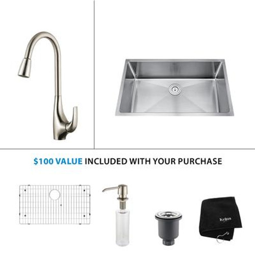 32 Inch Undermount Single Bowl Stainless Steel Kitchen Sink with Stainless Steel Finish Kitchen Faucet and Soap Dispenser