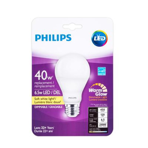 LED 6.5W = 40W A-Line (A19) Warm Glow (2700K - 2200K) - Case of 4 Bulbs