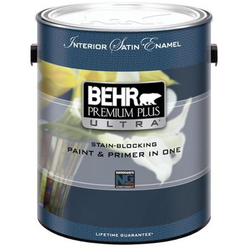 BEHR PREMIUM PLUS ULTRA Interior Satin Enamel Paint & Primer In One - Ultra Pure White;  3.79 L