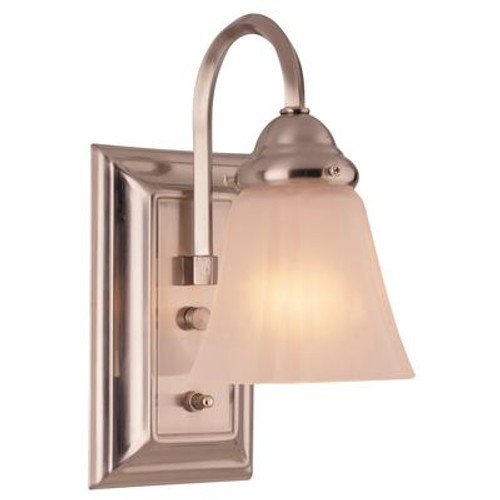 1-Light Square Back Plate Bath Fixture with On/Off Switch; Frosted Glass; Brushed Nickel Finish