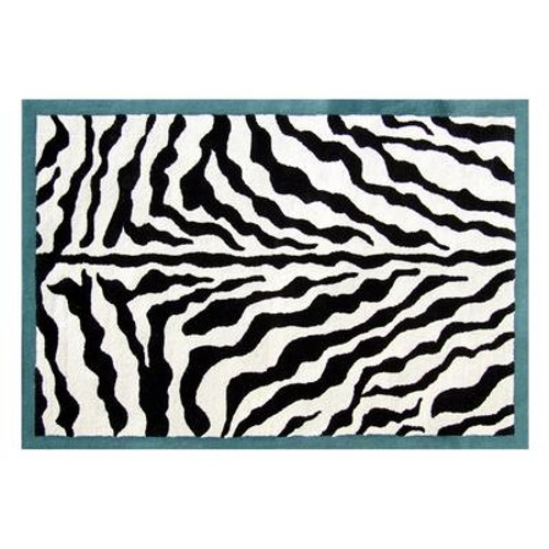 Teal Border Zebra Print Wool Rug 5 Ft. x 8 Ft. Area Rug