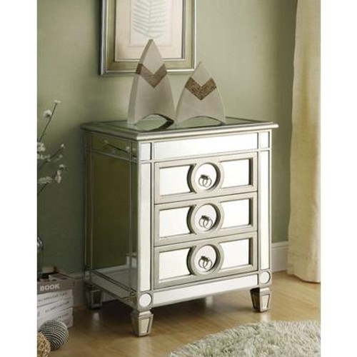 Accent Table - Brushed Silver / Mirror With 3 Drawers
