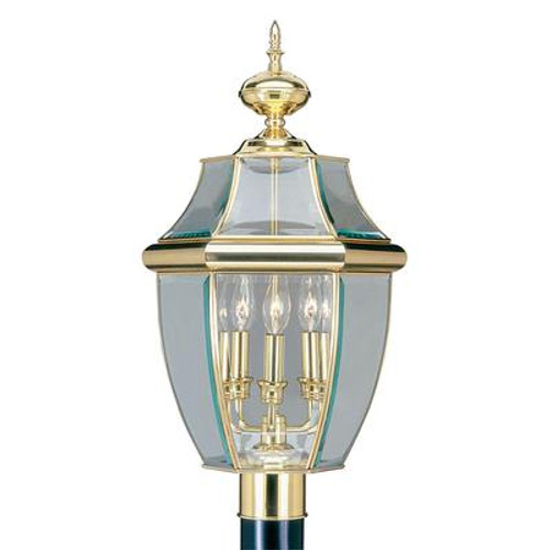 Providence 3 Light Bright Brass Incandescent Post Head with Clear Beveled Glass