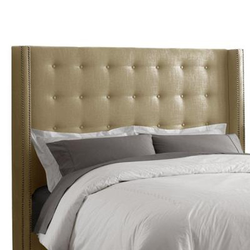 California King Nail Button Tufted Headboard in Linen Sandstone with Brass Nail Buttons