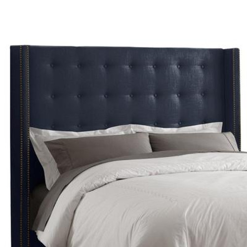 Queen Nail Button Tufted Headboard in Linen Navy with Brass Nail Buttons