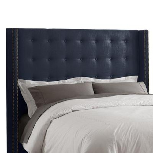 King Nail Button Tufted Headboard in Linen Navy with Brass Nail Buttons