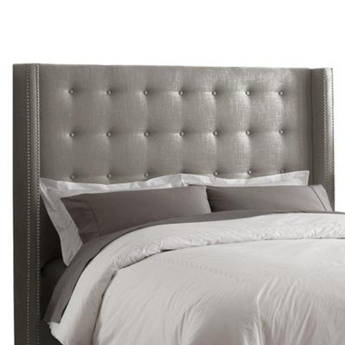 Queen Nail Button Tufted Headboard in Linen Grey with Pewter Nail Buttons