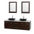 Centra 72 In. Double Vanity in Espresso with White Carrera Top with Black Granite Sinks and 24 In. Mirrors