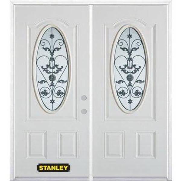 70 In. x 82 In. 3/4 Oval Lite Pre-Finished White Double Steel Entry Door with Astragal and Brickmould