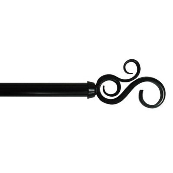 66 Inch- 120 Inch Black 3/4 Inch Telescoping Curtain Rod Kit with Scroll Finial