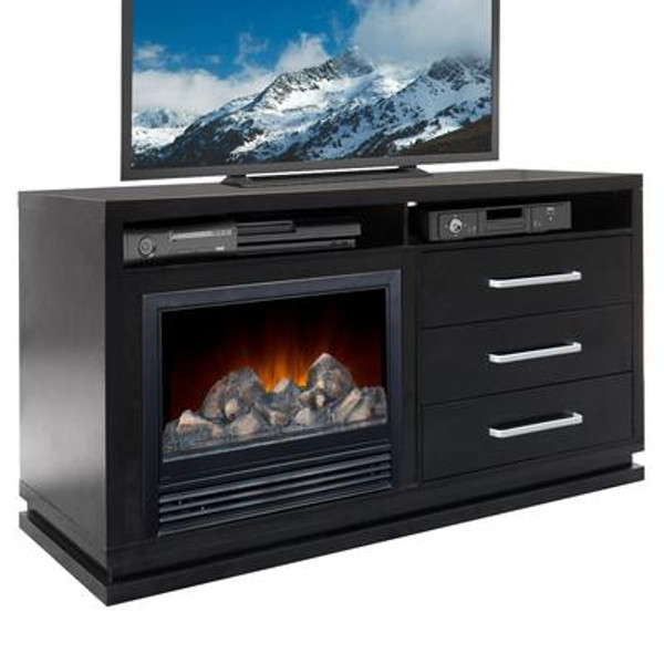 TFP-706-Z Holland 60 inch. TV Bench with Fireplace - Black Wood Grain