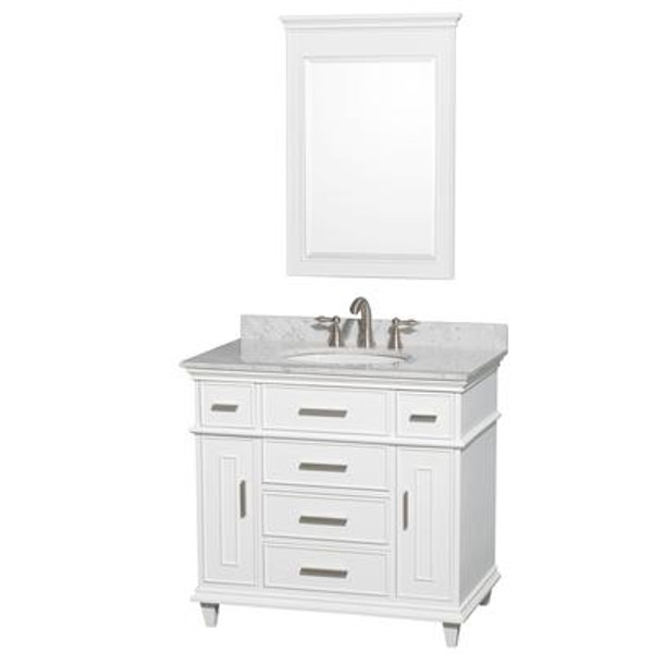 Berkeley 36 In. Vanity in White with Marble Vanity Top in Carrara White; Oval Sink and 24 In. Mirror