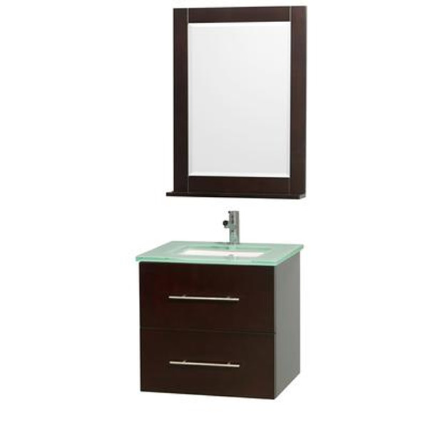 Centra 24 In. Vanity in Espresso with Glass Top in Aqua and Square Porcelain Under Mounted Sink