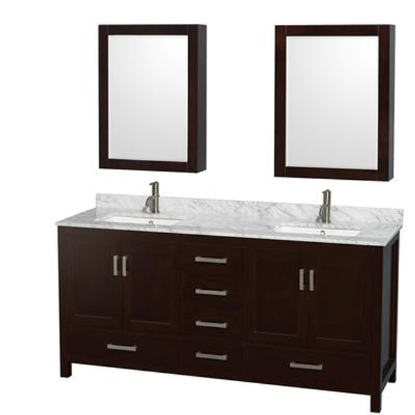 Sheffield 72 In. Double Vanity in Espresso with Marble Top in Carrara White and Medicine Cabinets