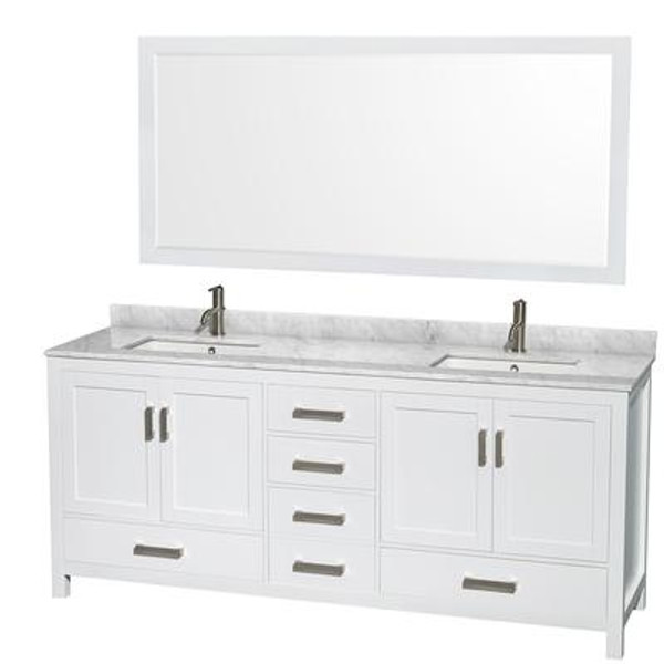 Sheffield 80 In. Double Vanity in White with Marble Vanity Top in Carrara White and 70 In. Mirror