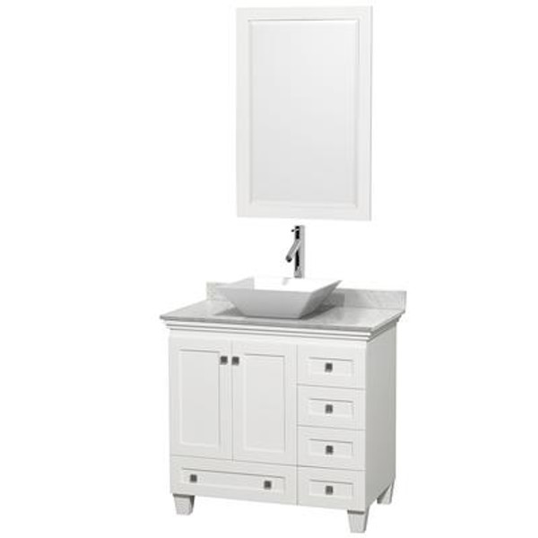 Acclaim 36 In. Single Vanity in White with Top in Carrara White with White Sink and Mirror