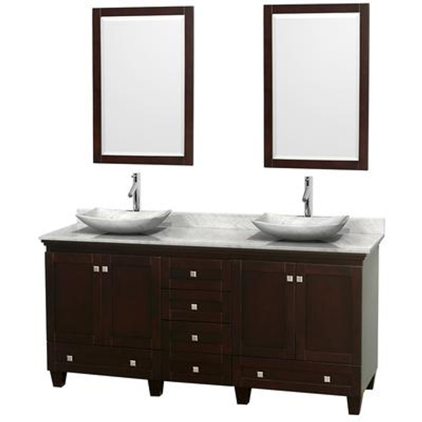 Acclaim 72 In. Double Vanity in Espresso with Top in Carrara White with White Carrara Sinks and Mir.