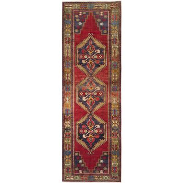 Hand-knotted Anatolian Vintage Dark Red Navy&nbsp; Rug - 3 Ft. 5 In. x 10 Ft. 5 In.