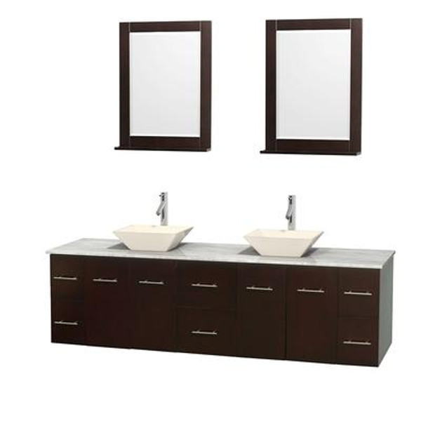 Centra 80 In. Double Vanity in Espresso; White Carrera Top; Bone Porcelain Sinks and 24 In. Mirrors